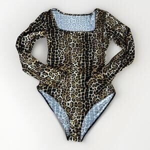 Leopard Print Long Sleeve Bodysuit Women’s Size S Stretchy Snap Closure Y2K Glam